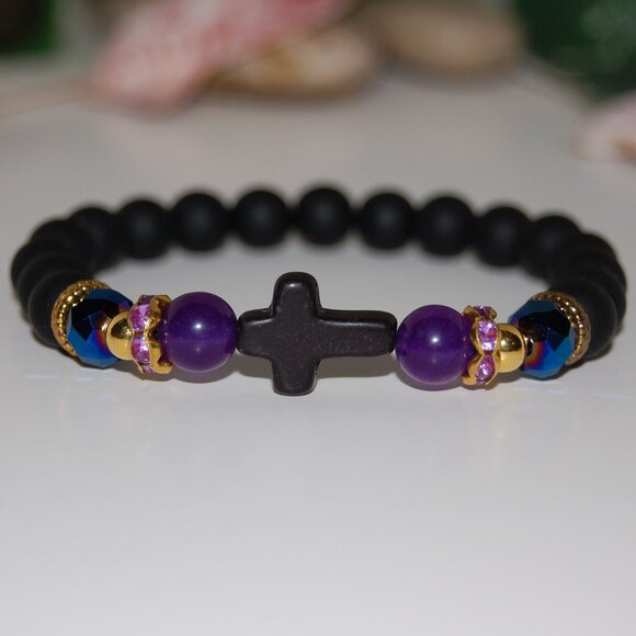 Cross Bracelet,Onyx Bracelet,Cross Onyx Stone Beads Bracelet,Onyx & Colorful Bea - Picture 1 of 3